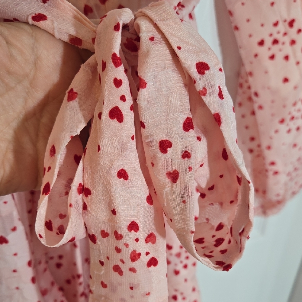Blue Rain Pink Floral Red Heart Design Long Sleeve Dress Size Small - Picture 4 of 11
